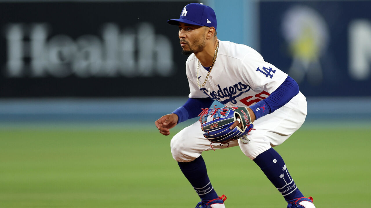 LOS ANGELES, CA - OCTOBER 07: Mookie Betts #50 of the Los Angeles Dodgers plays second base during Game 1 of the Division Series between the Arizona Diamondbacks and the Los Angeles Dodgers at Dodger Stadium on Saturday, October 7, 2023 in Los Angeles, California.