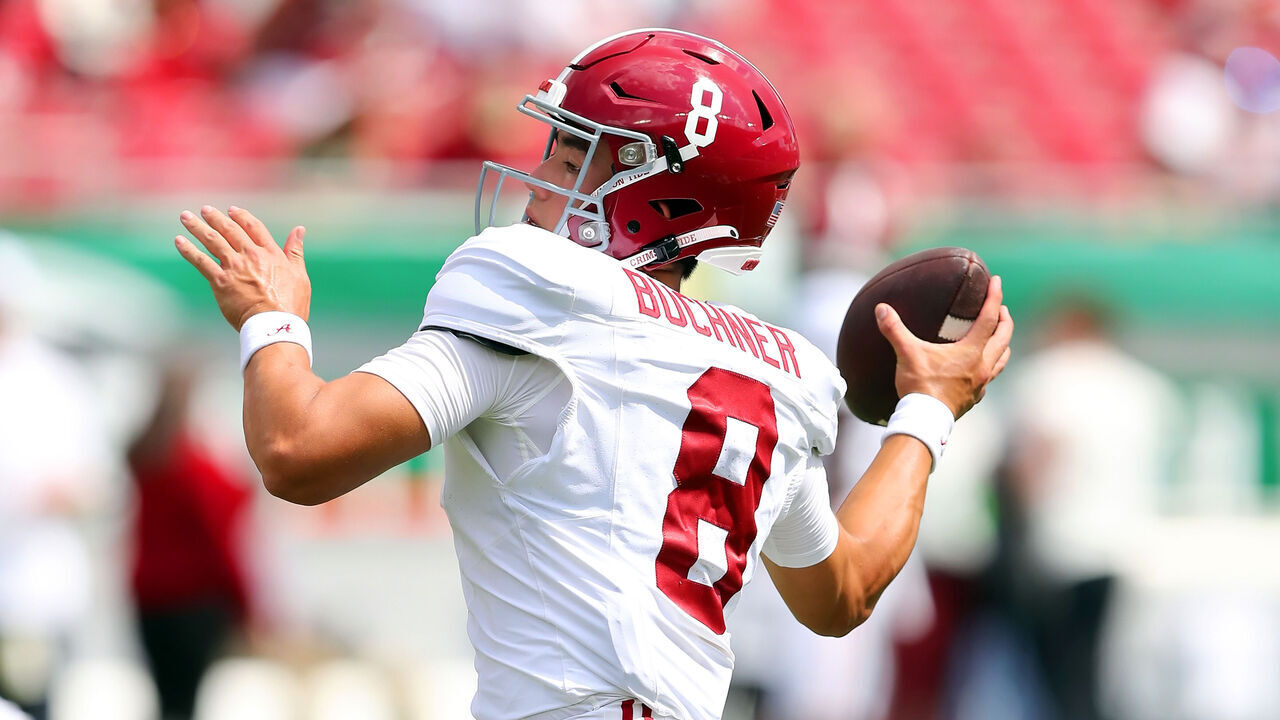 TAMPA, FL - SEPTEMBER 16: Alabama Crimson Tide Quarterback Tyler Buchner (8) warms up before the College Football game between the Alabama Crimson Tide and the South Florida Bulls on September 16, 2023 at Raymond James Stadium in Tampa, FL.