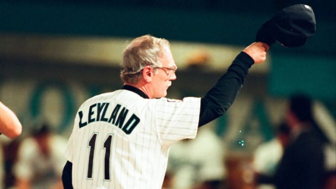 MIAMI GARDENS, FL - OCTOBER 18: Manager Jim Leyland of the Florida Marlins during Game One of the World Series against the Cleveland Indians at Pro Player Stadium on October 18, 1997 in Miami Gardens, Florida.