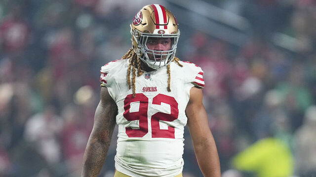 PHILADELPHIA, PENNSYLVANIA - DECEMBER 3: Chase Young #92 of the San Francisco 49ers looks on against the Philadelphia Eagles at Lincoln Financial Field on December 3, 2023 in Philadelphia, Pennsylvania.