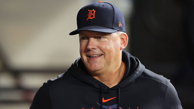 CHICAGO, ILLINOIS - SEPTEMBER 01: A.J. Hinch #14 of the Detroit Tigers looks on against the Chicago White Sox at Guaranteed Rate Field on September 01, 2023 in Chicago, Illinois.