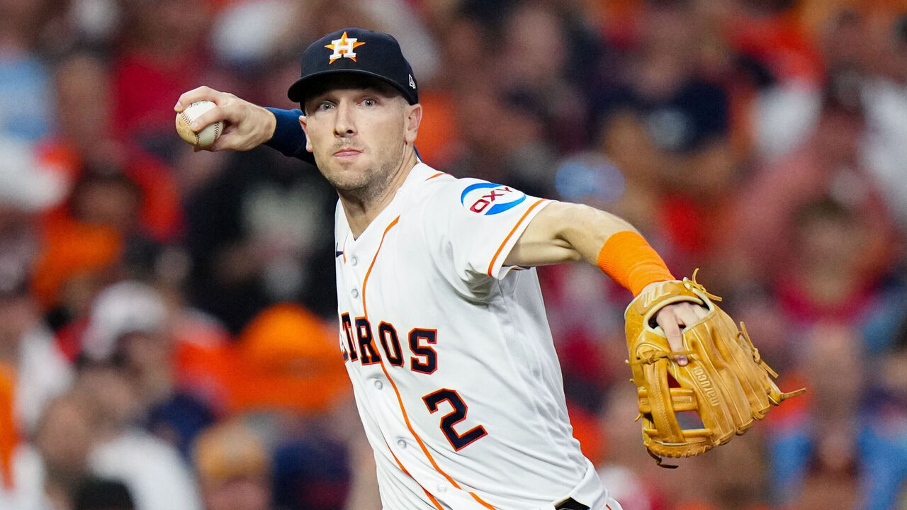 HOUSTON, TX - OCTOBER 23: Alex Bregman #2 of the Houston Astros fields a ball during Game 7 of the ALCS between the Texas Rangers and the Houston Astros at Minute Maid Park on Monday, October 23, 2023 in Houston, Texas.