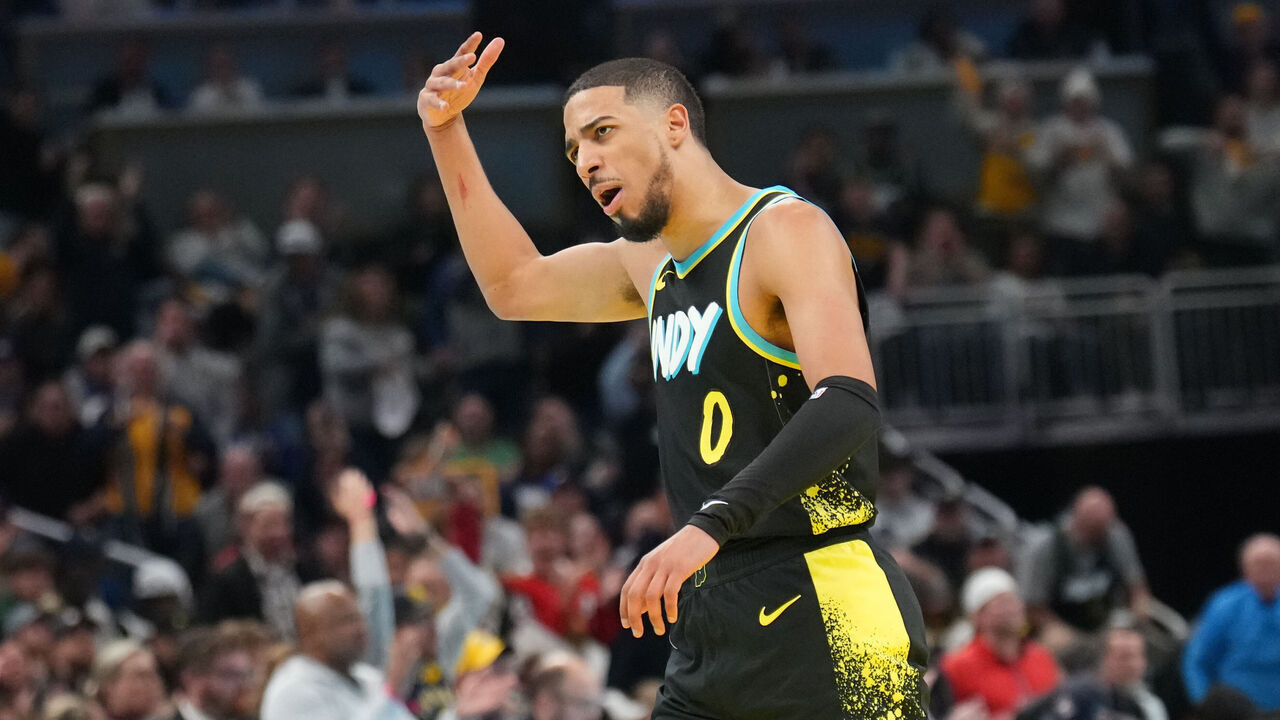 INDIANAPOLIS, IN - DECEMBER 4: Tyrese Haliburton #0 of the Indiana Pacers celebrates during the game against the Boston Celtics during the quarterfinals of the In-Season Tournament on December 4, 2023 at Gainbridge Fieldhouse in Indianapolis, Indiana. Mandatory Copyright Notice: Copyright 2023 NBAE
