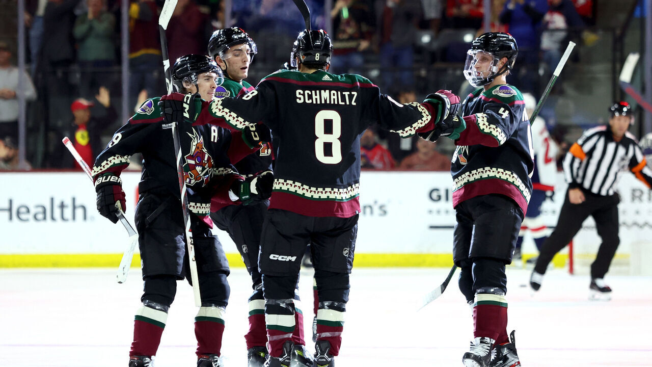 TEMPE, ARIZONA - DECEMBER 04: Nick Schmaltz #8 of the Arizona Coyotes celebrates after scroing his second goal of the game agaisnt the Washington Capitals during the first period at Mullett Arena on December 04, 2023 in Tempe, Arizona.