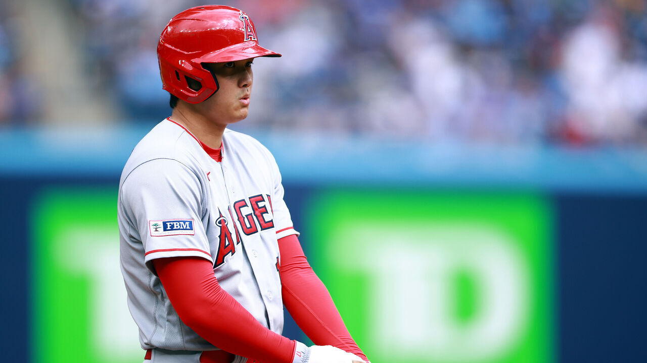 TORONTO, ON - JULY 30: Shohei Ohtani #17 of the Los Angeles Angels looks on from third base in the third inning against the Toronto Blue Jays at Rogers Centre on July 30, 2023 in Toronto, Ontario, Canada.