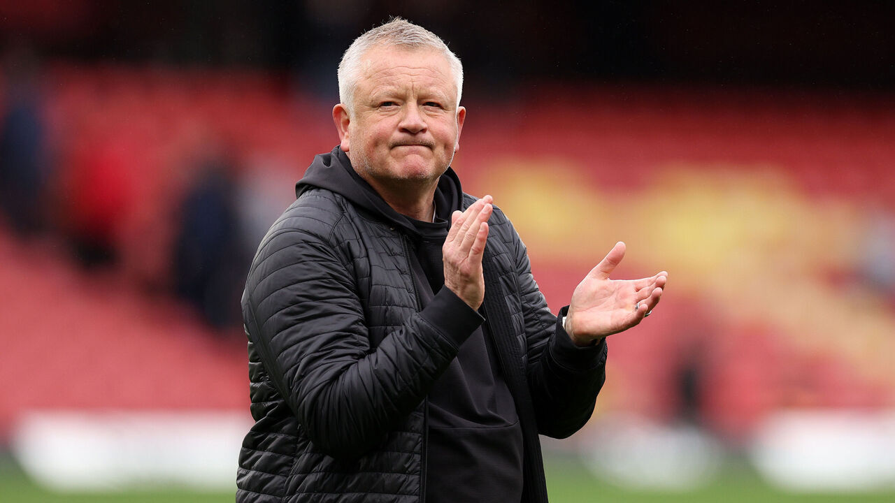 WATFORD, ENGLAND - MAY 08: Watford manager Chris Wilder applauds the fans at the end of the game during the Sky Bet Championship between Watford and Stoke City at Vicarage Road on May 08, 2023 in Watford, England.