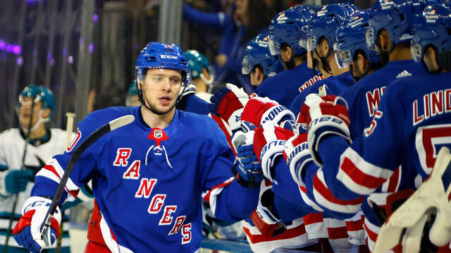 NEW YORK, NEW YORK - DECEMBER 03: Artemi Panarin #10 of the New York Rangers celebrates a goal against the San Jose Sharks at Madison Square Garden on December 03, 2023 in New York City. The Rangers defeated the Sharks 6-5.