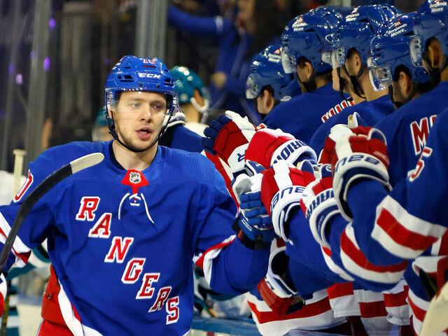 NEW YORK, NEW YORK - DECEMBER 03: Artemi Panarin #10 of the New York Rangers celebrates a goal against the San Jose Sharks at Madison Square Garden on December 03, 2023 in New York City. The Rangers defeated the Sharks 6-5.