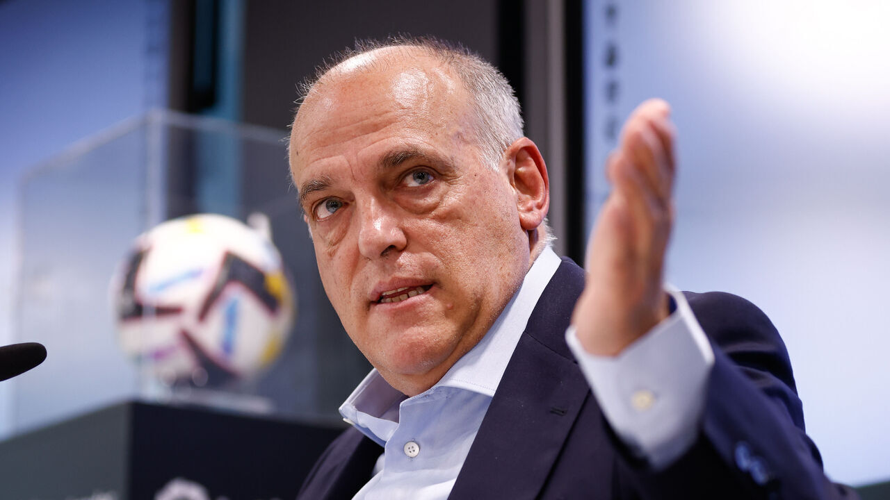 MADRID, SPAIN - MAY 25: Javier Tebas, President of La Liga, attends his press conference at headquarters of La Liga on May 25, 2023, in Madrid, Spain.