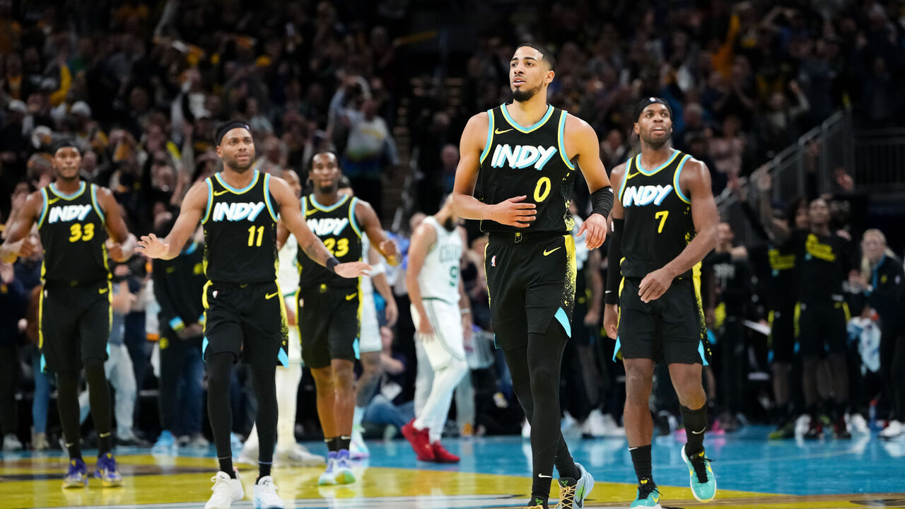 INDIANAPOLIS, INDIANA - DECEMBER 04: Tyrese Haliburton #0 of the Indiana Pacers reacts in the fourth quarter against the Boston Celtics during the NBA In-Season Tournament at Gainbridge Fieldhouse on December 04, 2023 in Indianapolis, Indiana.