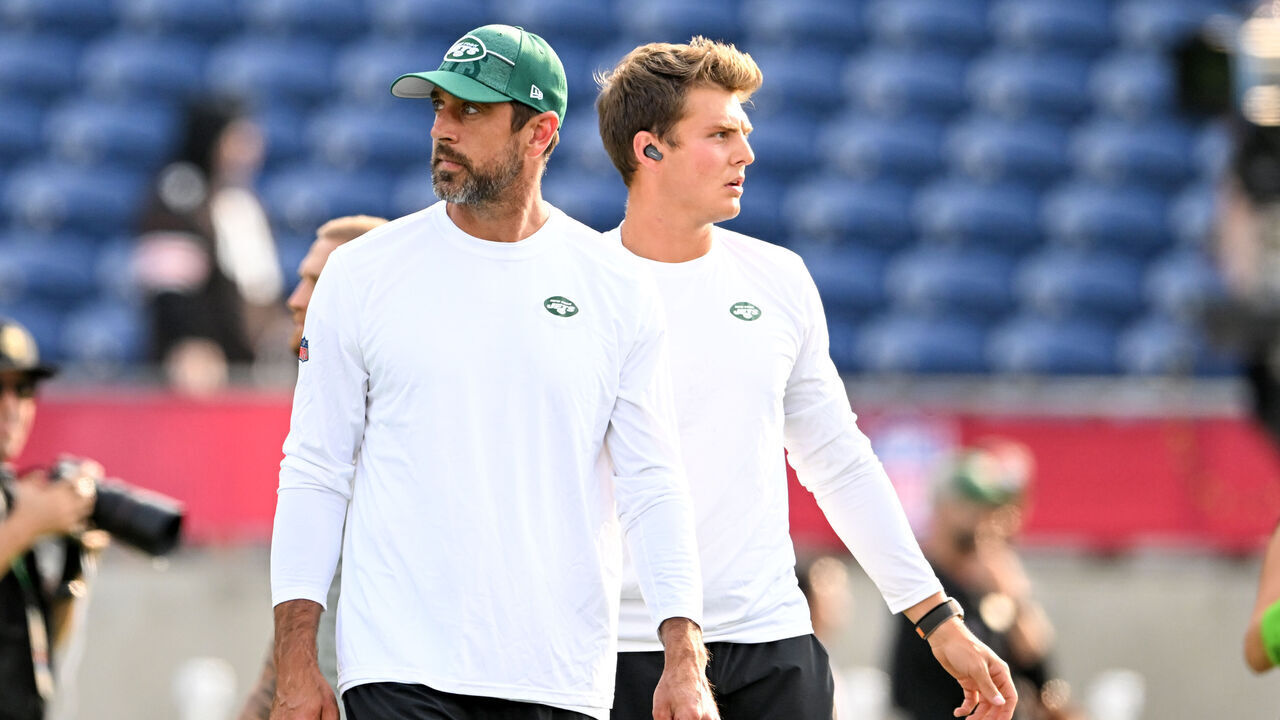 CANTON, OHIO - AUGUST 03: Aaron Rodgers #8 and Zach Wilson #2 of the New York Jets look on prior to the 2023 Pro Hall of Fame Game against the Cleveland Browns at Tom Benson Hall Of Fame Stadium on August 03, 2023 in Canton, Ohio.