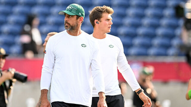 CANTON, OHIO - AUGUST 03: Aaron Rodgers #8 and Zach Wilson #2 of the New York Jets look on prior to the 2023 Pro Hall of Fame Game against the Cleveland Browns at Tom Benson Hall Of Fame Stadium on August 03, 2023 in Canton, Ohio.