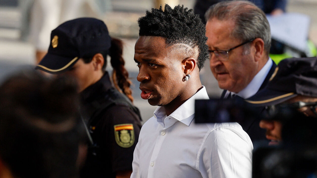 Real Madrid's Brazilian forward Vinicius Junior arrives at the courthouse to present evidence and testify in connection with racist insults he suffered during a Spanish Liga match against Valencia CF on May 21, in Madrid on October 5, 2023.