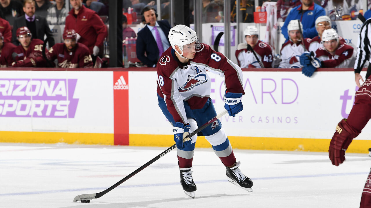 TEMPE, ARIZONA - NOVEMBER 30: Cale Makar #8 of the Colorado Avalanche skates with the puck against the Arizona Coyotes at Mullett Arena on November 30, 2023 in Tempe, Arizona.