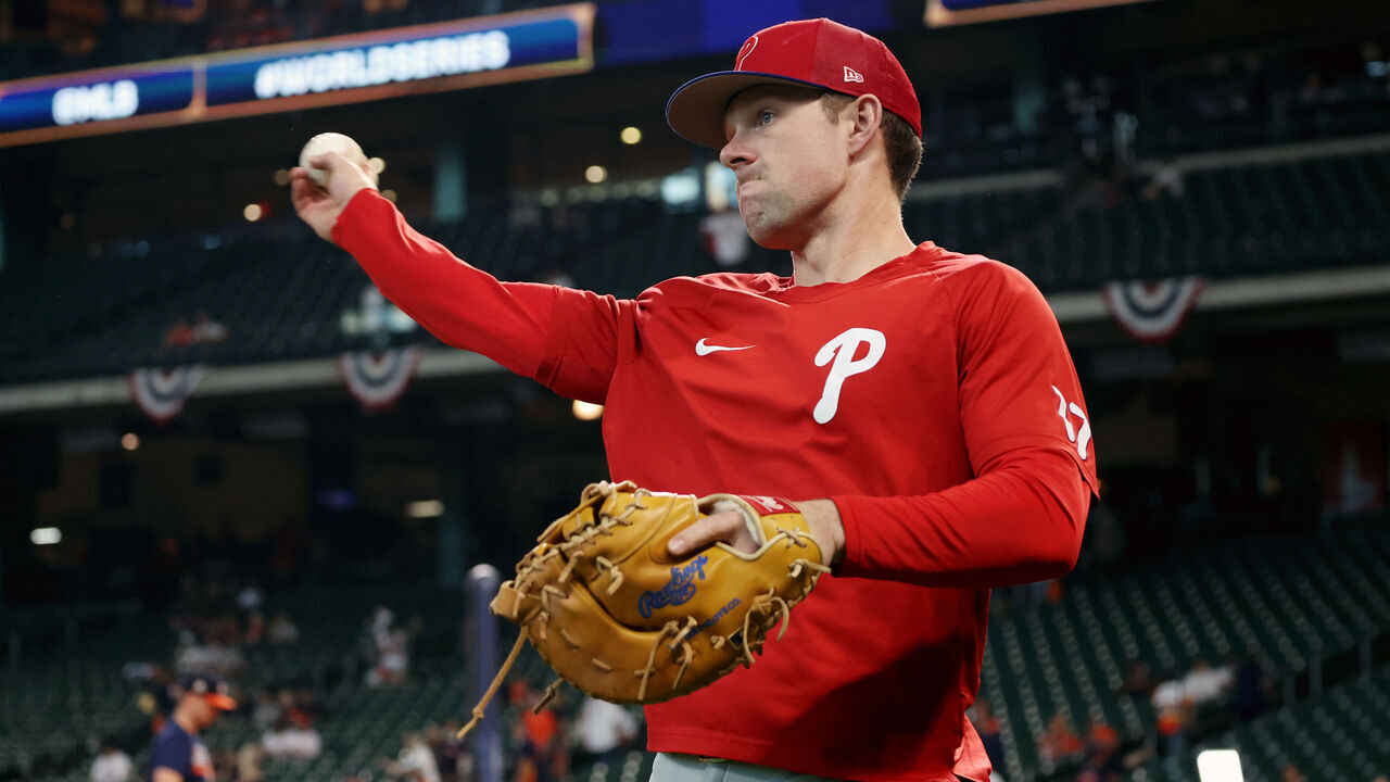 HOUSTON, TX - NOVEMBER 05: Rhys Hoskins #17 of the Philadelphia Phillies warm-up during batting practice prior to Game 6 of the 2022 World Series between the Philadelphia Phillies and the Houston Astros at Minute Maid Park on Saturday, November 5, 2022 in Houston, Texas.