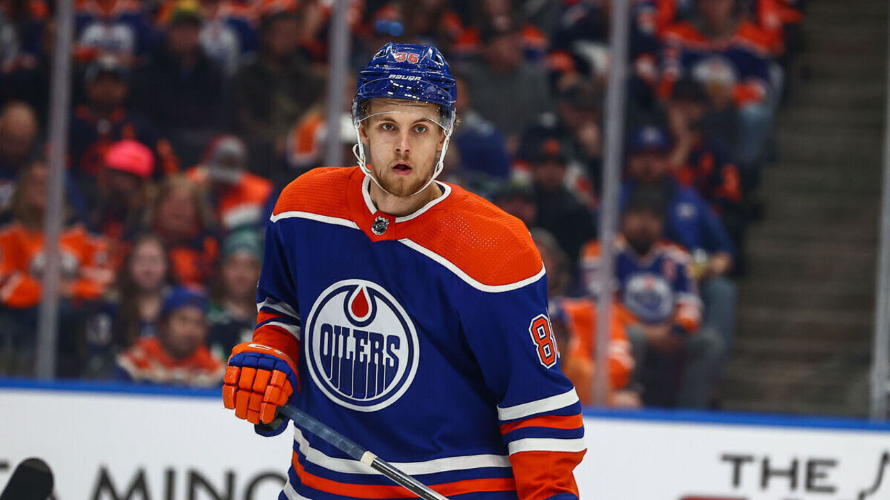 EDMONTON, AB - OCTOBER 14: Edmonton Oilers Defenceman Philip Broberg (86) defends his net in the second period of the Edmonton Oilers game versus the Vancouver Canucks on October y 14, 2023 at Rogers Place in Edmonton, AB.