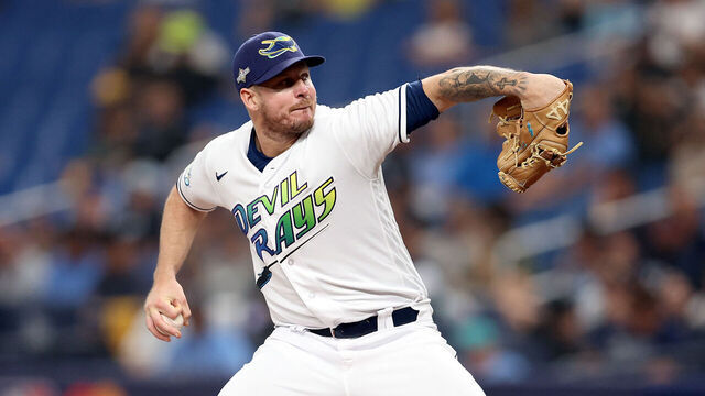 ST PETERSBURG, FLORIDA - OCTOBER 03: Chris Devenski #48 of the Tampa Bay Rays pitches against the Texas Rangers during Game One of the Wild Card Series at Tropicana Field on October 03, 2023 in St Petersburg, Florida.