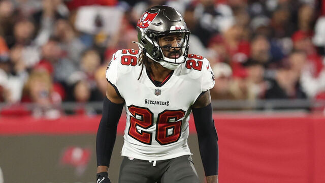 TAMPA, FLORIDA - JANUARY 16: Logan Ryan #26 of the Tampa Bay Buccaneers in coverage against the Dallas Cowboys during the NFC Wild Card Playoff game at Raymond James Stadium on January 16, 2023 in Tampa, Florida. (Perry Knotts/Getty Images)