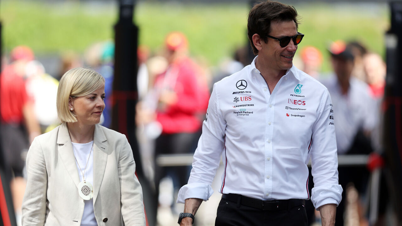 SPIELBERG, AUSTRIA - JULY 02: Mercedes GP Executive Director Toto Wolff and Susie Wolff walk in the Paddock prior to the F1 Grand Prix of Austria at Red Bull Ring on July 02, 2023 in Spielberg, Austria.