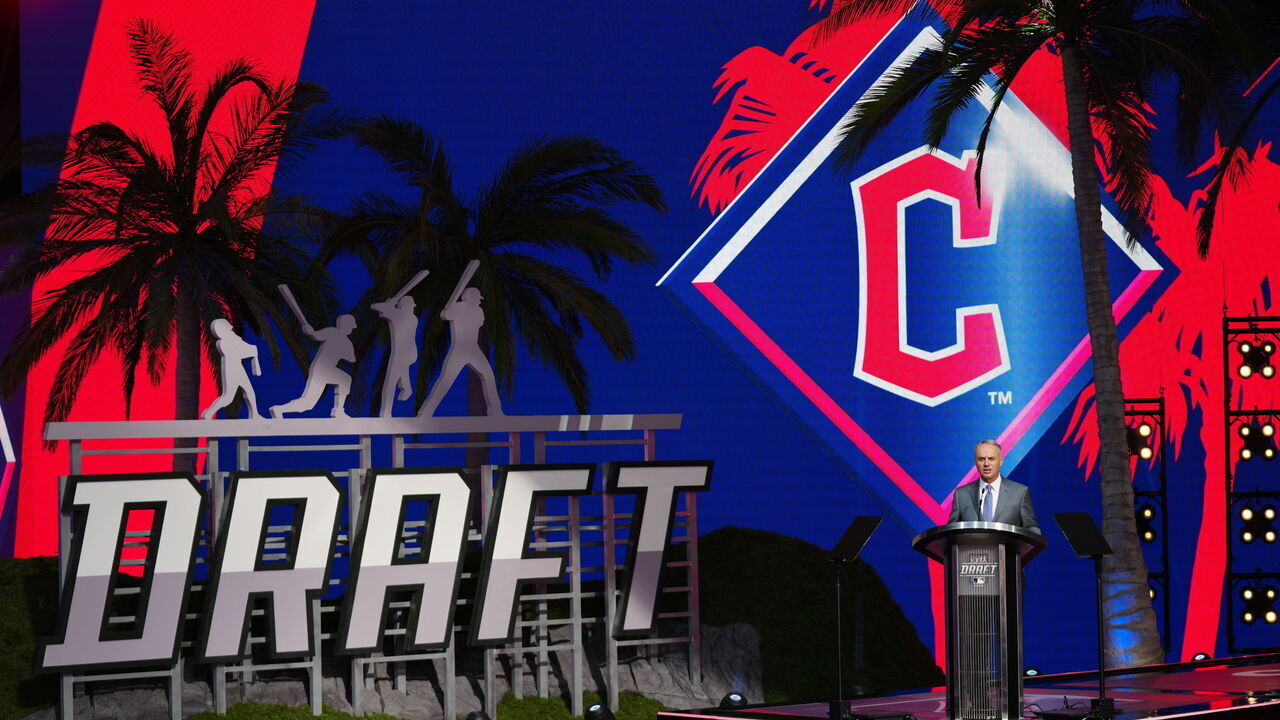 LOS ANGELES, CA - JULY 17: Commissioner Robert D. Manfred announces the 16th pick for the Cleveland Guardians during the 2022 Major League Baseball Draft at L.A. Live on Sunday, July 17, 2022 in Los Angeles, California.