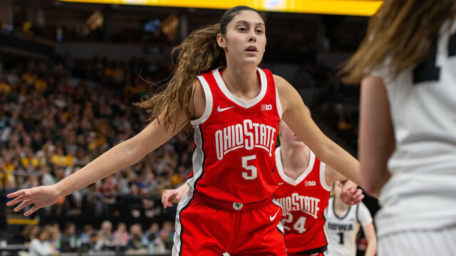 MINNEAPOLIS, MN - MARCH 05: Ohio State Buckeyes guard Emma Shumate (5) defends during the college basketball game between the Ohio State Buckeyes and the Iowa Hawkeyes, on March 5th, 2023, in Minneapolis, MN.