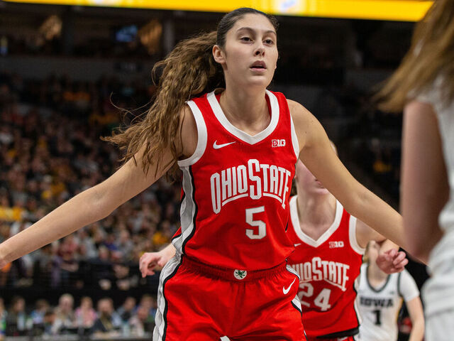 MINNEAPOLIS, MN - MARCH 05: Ohio State Buckeyes guard Emma Shumate (5) defends during the college basketball game between the Ohio State Buckeyes and the Iowa Hawkeyes, on March 5th, 2023, in Minneapolis, MN.