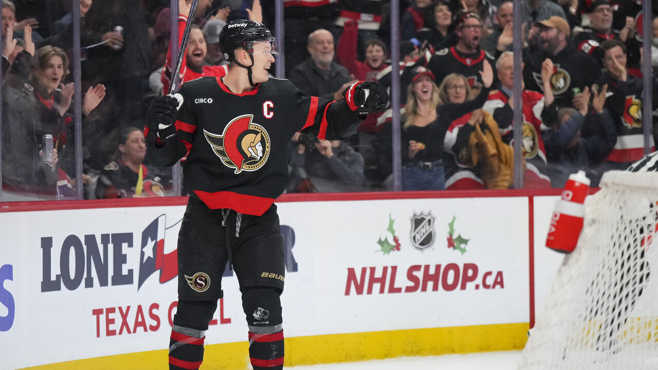 OTTAWA, CANADA - DECEMBER 5: Brady Tkachuk #7 of the Ottawa Senators celebrates his first-period goal against the New York Rangers at Canadian Tire Centre on December 5, 2023 in Ottawa, Ontario, Canada.