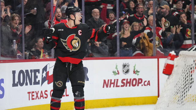 OTTAWA, CANADA - DECEMBER 5: Brady Tkachuk #7 of the Ottawa Senators celebrates his first-period goal against the New York Rangers at Canadian Tire Centre on December 5, 2023 in Ottawa, Ontario, Canada.