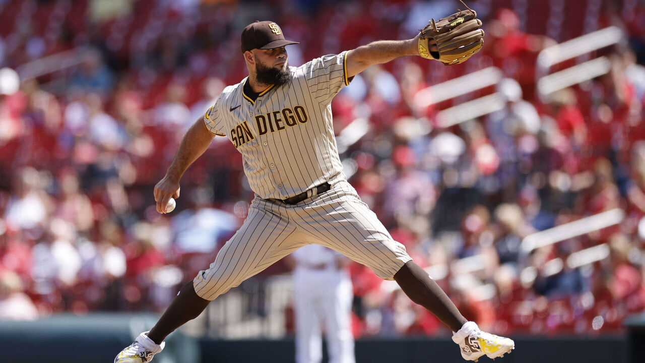 ST. LOUIS, MO - AUGUST 30: San Diego Padres relief pitcher Luis Garcia (66) delivers a pitch during an MLB game against the St. Louis Cardinals on August 30, 2023 at Busch Stadium in St. Louis, Missouri.