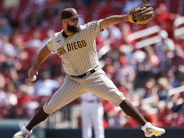 ST. LOUIS, MO - AUGUST 30: San Diego Padres relief pitcher Luis Garcia (66) delivers a pitch during an MLB game against the St. Louis Cardinals on August 30, 2023 at Busch Stadium in St. Louis, Missouri.
