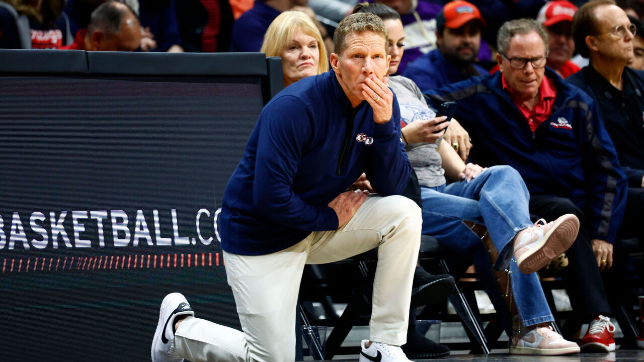 LAS VEGAS, NV - DECEMBER 02: Head coach Mark Few of the Gonzaga Bulldogs looks on during the Legends of Basketball Las Vegas Invitational between the Gonzaga Bulldogs and the University of Southern California Trojans on December 2, 2023 at MGM Grand Garden Arena in Las Vegas, Nevada.