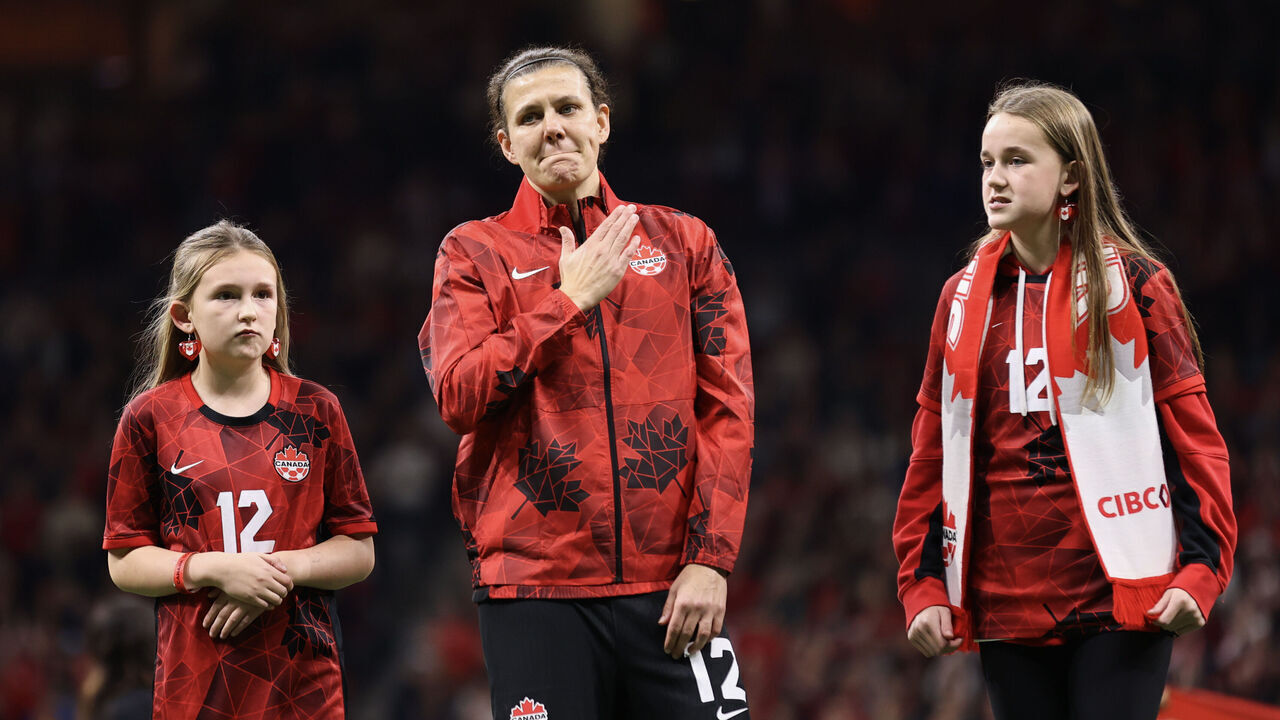 VANCOUVER, BRITISH COLUMBIA - DECEMBER 05: Christine Sinclair #12 of Canada looks on before the match against Australia at BC Place on December 05, 2023 in Vancouver, British Columbia.