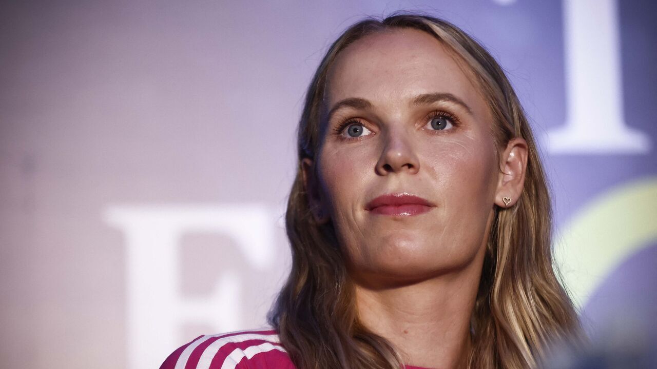 Danish tennis player Caroline Wozniacki looks on during a press conference as a part of the Tennis Fest GNP 2023 in Mexico City on November 28, 2023.