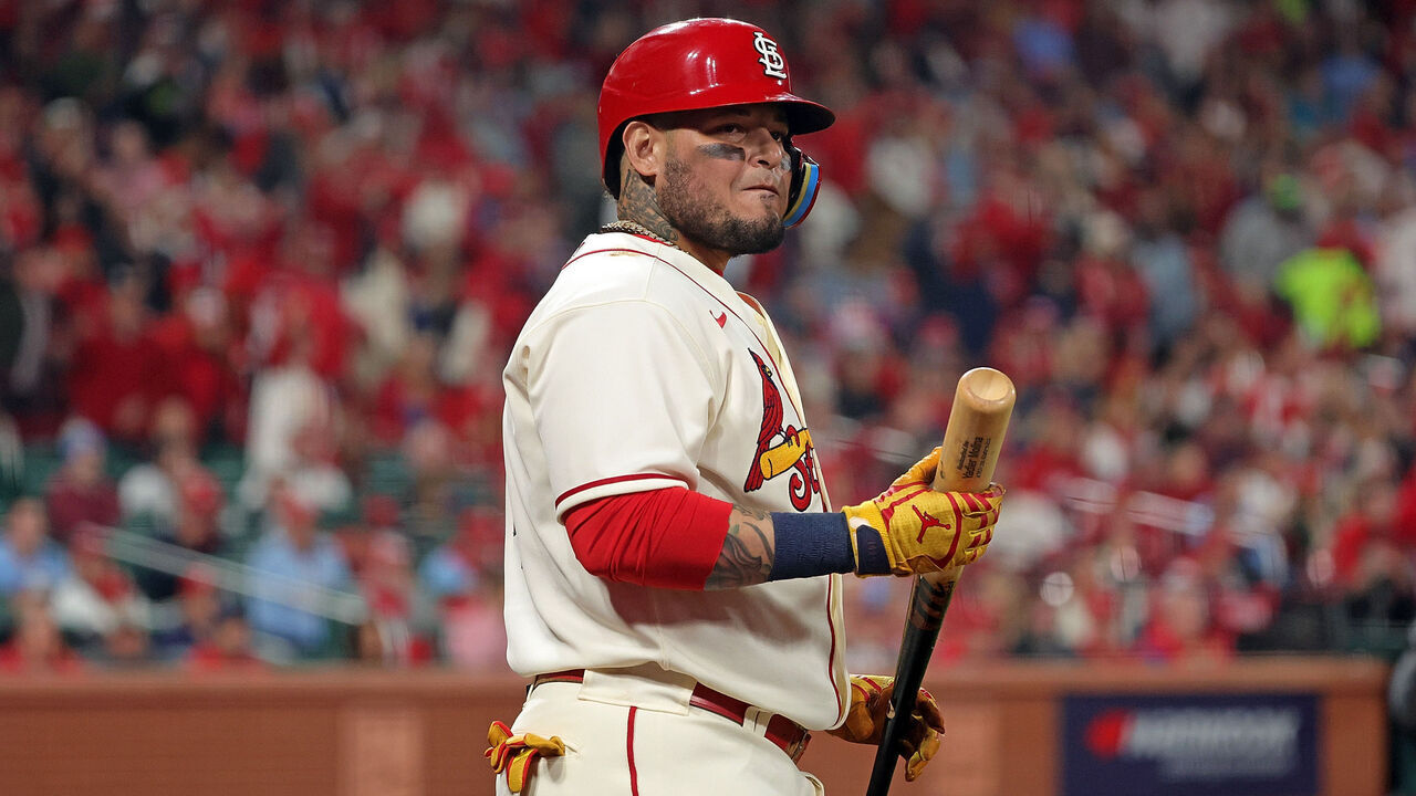 ST LOUIS, MISSOURI - OCTOBER 08: Yadier Molina #4 of the St. Louis Cardinals at bat against the Philadelphia Phillies during game two of the National League Wild Card Series at Busch Stadium on October 08, 2022 in St Louis, Missouri.