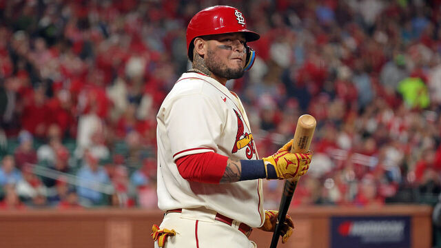ST LOUIS, MISSOURI - OCTOBER 08: Yadier Molina #4 of the St. Louis Cardinals at bat against the Philadelphia Phillies during game two of the National League Wild Card Series at Busch Stadium on October 08, 2022 in St Louis, Missouri.