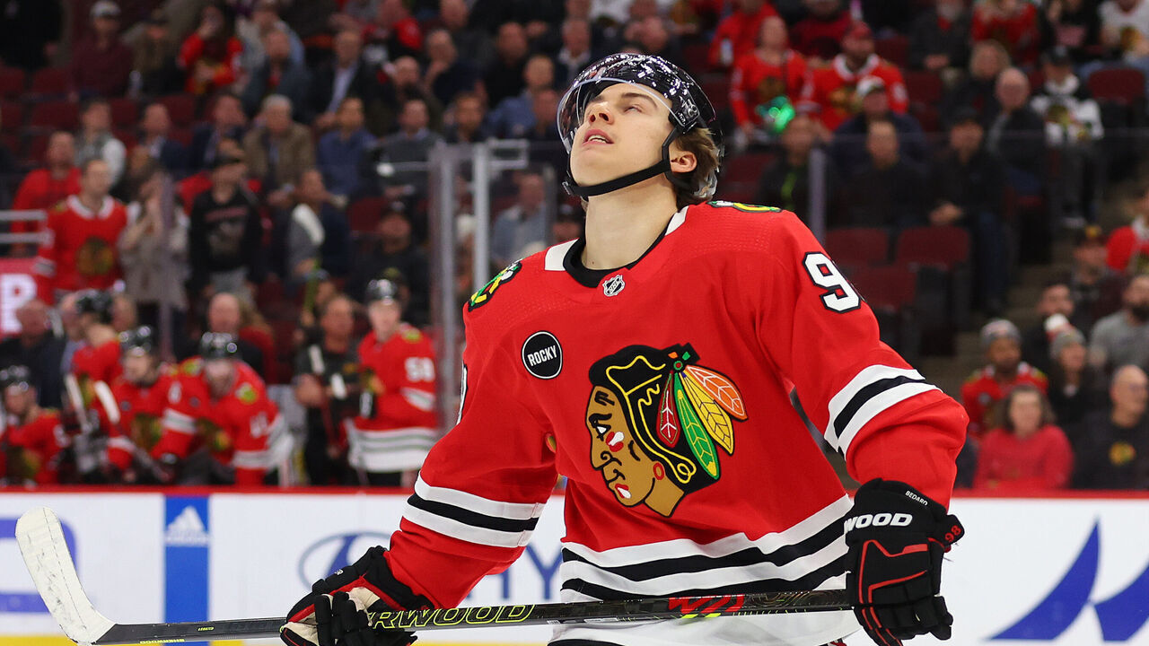 CHICAGO, ILLINOIS - DECEMBER 05: Connor Bedard #98 of the Chicago Blackhawks reacts to a missed shot on goal against the Nashville Predators in overtime at the United Center on December 05, 2023 in Chicago, Illinois.