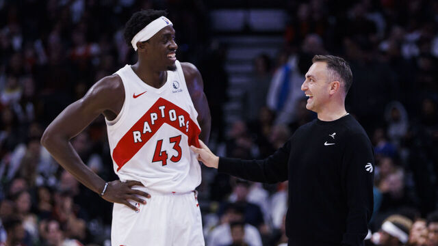 TORONTO, CANADA - OCTOBER 20: Pascal Siakam #43 and Darko Rajakovic, head coach of the Toronto Raptors talk on the sidelines during a break in play during the second half of their NBA game against the Washington Wizards at Scotiabank Arena on October 20, 2023 in Toronto, Canada.