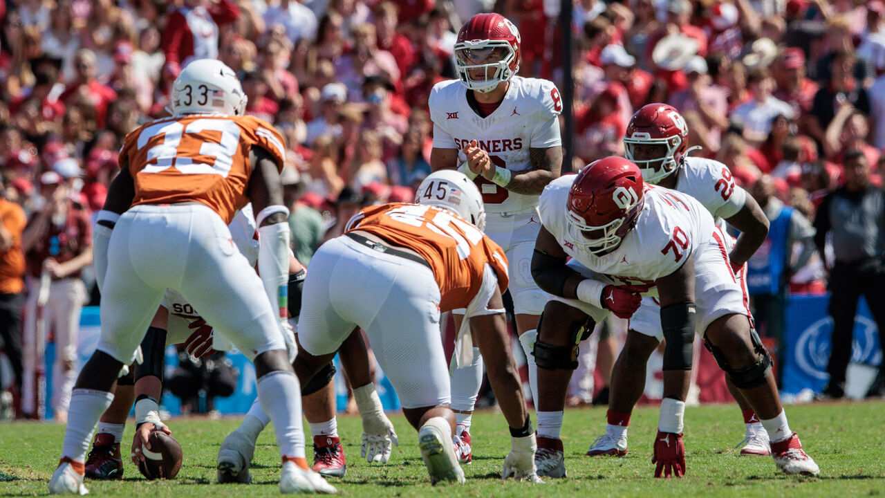 DALLAS, TX - OCTOBER 07: Oklahoma Sooners quarterback Dillon Gabriel (8) behind the line during the game against the Texas Longhorns on October 7th, 2023 at Cotton Bowl Stadium in Dallas Texas.