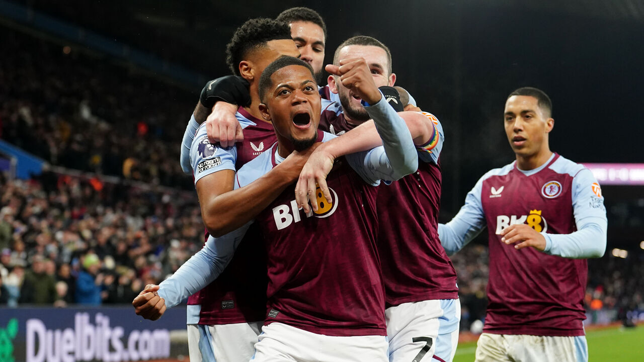 Aston Villa's Leon Bailey celebrates scoring their side's first goal of the game during the Premier League match at Villa Park, Birmingham. Picture date: Wednesday December 6, 2023.