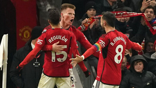 Manchester United's Scott McTominay (centre) celebrates scoring their side's second goal of the game during the Premier League match at Old Trafford, Manchester. Picture date: Wednesday December 6, 2023.