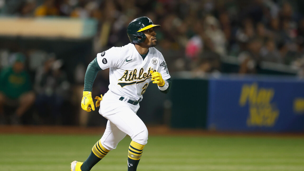OAKLAND, CALIFORNIA - SEPTEMBER 15: Tony Kemp #5 of the Oakland Athletics at bat against the San Diego Padres at RingCentral Coliseum on September 15, 2023 in Oakland, California.