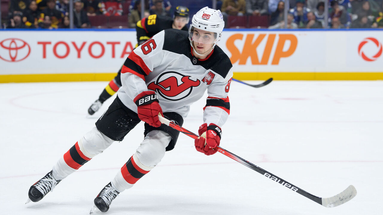 VANCOUVER, CANADA - DECEMBER 5: Jack Hughes #86 of the New Jersey Devils skates during the first period of their NHL game against the Vancouver Canucks at Rogers Arena on December 5, 2023 in Vancouver, British Columbia, Canada.