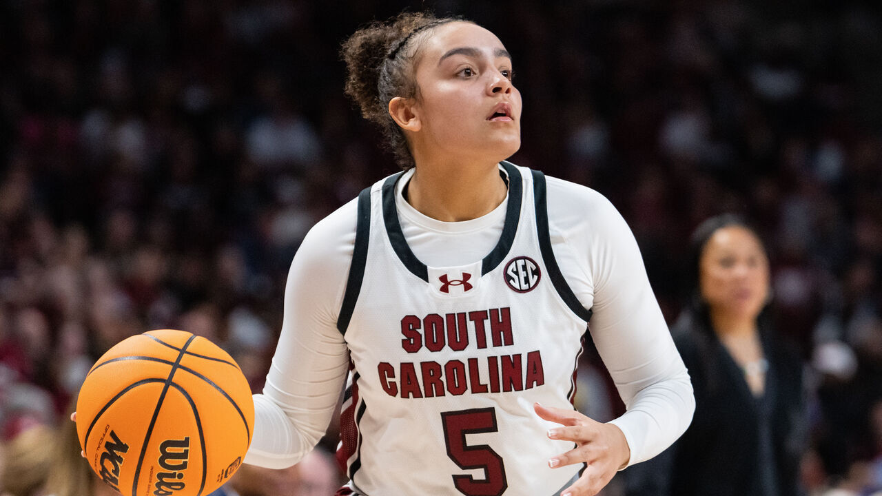 COLUMBIA, SOUTH CAROLINA - NOVEMBER 12: Tessa Johnson #5 of the South Carolina Gamecocks brings the ball up court against the Maryland Terrapins during their game at Colonial Life Arena on November 12, 2023 in Columbia, South Carolina.