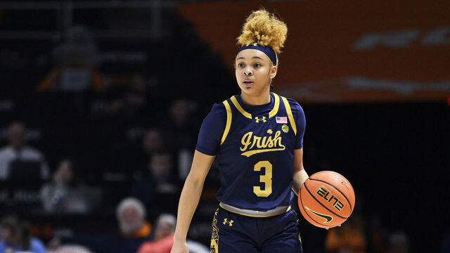 KNOXVILLE, TENNESSEE - NOVEMBER 29: Hannah Hidalgo #3 of the Notre Dame Fighting Irish dribbles against the Tennessee Lady Vols in the first quarter at Thompson-Boling Arena on November 29, 2023 in Knoxville, Tennessee.