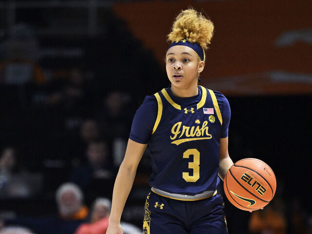 KNOXVILLE, TENNESSEE - NOVEMBER 29: Hannah Hidalgo #3 of the Notre Dame Fighting Irish dribbles against the Tennessee Lady Vols in the first quarter at Thompson-Boling Arena on November 29, 2023 in Knoxville, Tennessee.