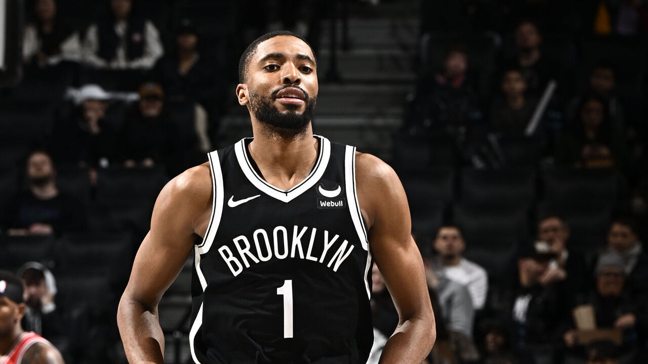 BROOKLYN, NY - NOVEMBER 26: Mikal Bridges #1 of the Brooklyn Nets looks on during the game against the Chicago Bulls on November 26, 2023 at Barclays Center in Brooklyn, New York. Mandatory Copyright Notice: Copyright 2023 NBAE