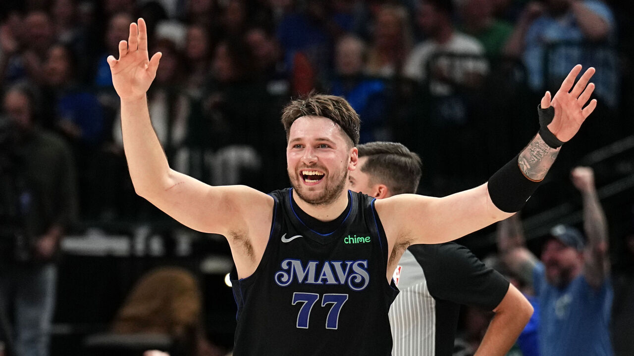 DALLAS, TX - DECEMBER 6 : Luka Doncic #77 of the Dallas Mavericks celebrates during the game against the Utah Jazz on December 6, 2023 at the American Airlines Center in Dallas, Texas. Mandatory Copyright Notice: Copyright 2023 NBAE