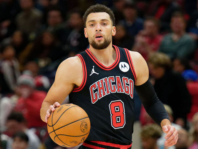 CHICAGO, ILLINOIS - NOVEMBER 18: Zach Lavine #8 of the Chicago Bulls controls the ball against the Miami Heat on November 18, 2023 at United Center in Chicago, Illinois.