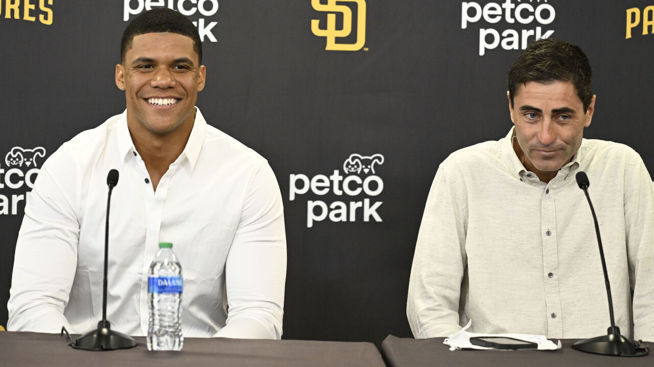 SAN DIEGO, CA - AUGUST 3: Juan Soto #22 of the San Diego Padres and GM A.J. Preller answer questions during a news conference held to introduce Soto to the team August 3, 2022 at Petco Park in San Diego, California.