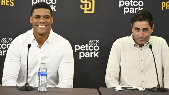 SAN DIEGO, CA - AUGUST 3: Juan Soto #22 of the San Diego Padres and GM A.J. Preller answer questions during a news conference held to introduce Soto to the team August 3, 2022 at Petco Park in San Diego, California.